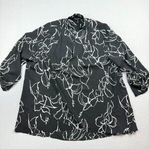 MING WANG Flroal Print‎ Roll Tab Sleeve Top Size XL Womens Black